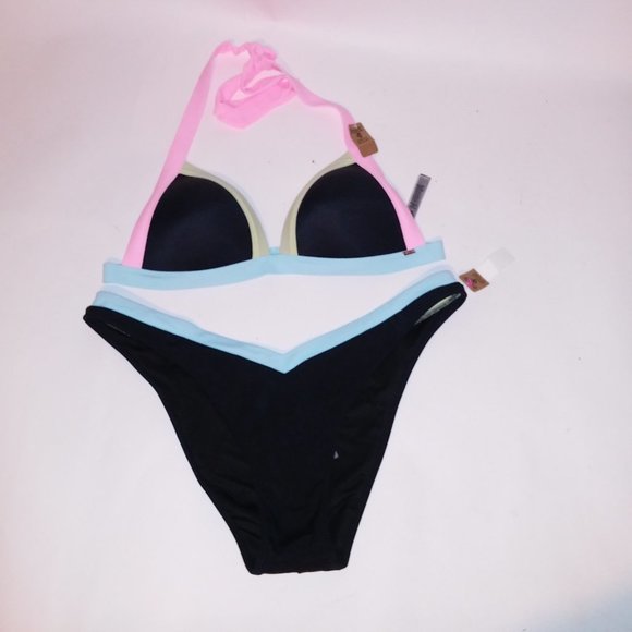 Victoria Secret PINK Swim Bikini XL Top XXL Bottom Black Pink‎ Blue Green Padded - Picture 5 of 12